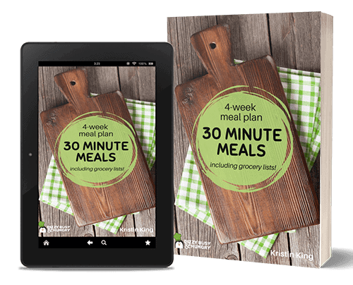 Mock up of the 30 Minute Meals 4 Week Meal Plan ebook on a tablet and as a paperback.