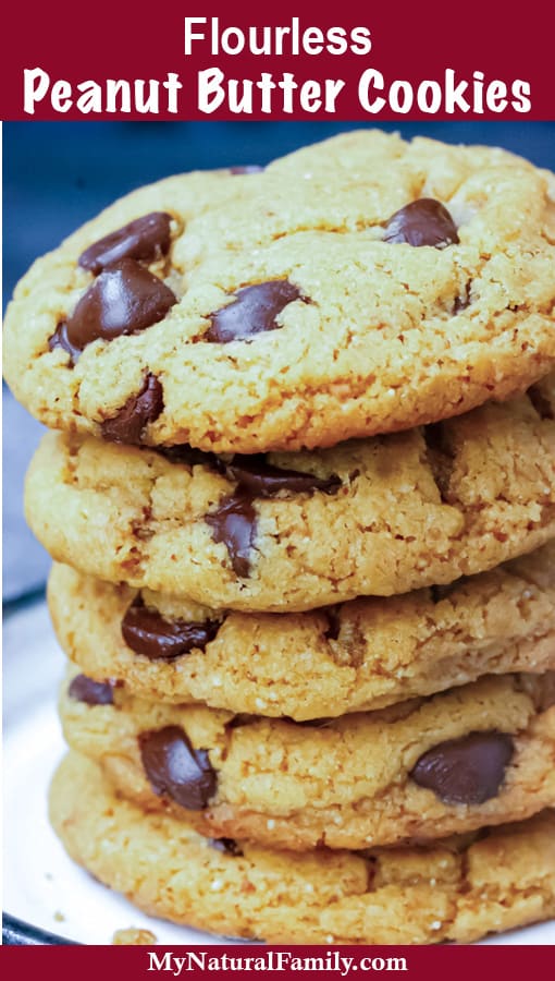 A stack of peanut butter cookies make without flour with a blue background