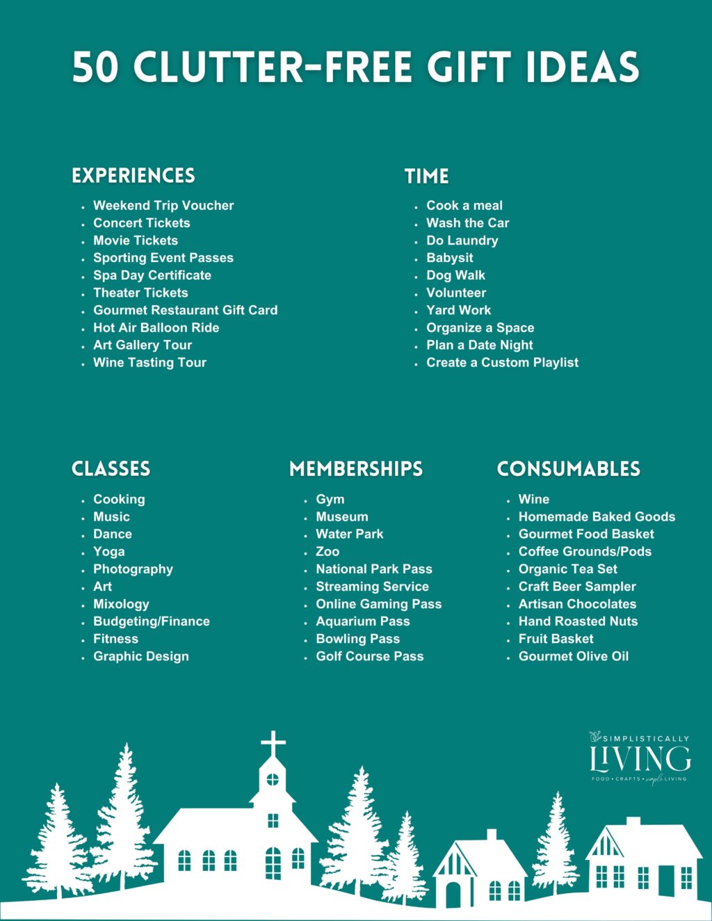 image with 50 clutter free gift ideas on it