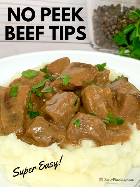 No peek beef tips, best easy no peek beef tips, 4 ingredient recipe meal beef tips, easy no prep meals, dump and go meals, easy comfort food beef tips, easy family kid friendly meals, 5 minute prep meals