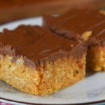 Rice Krispies Scotcheroos are a no bake, 2 layered treat that is a favorite of all families.  The bottom bar layer is a  cookie made with sugar, corn syrup, peanut butter and Rice Krispies while the top layer is a combination of melted chocolate and butterscotch chips. With the help of the microwave, this entire recipe can be completed in 10 minutes or less