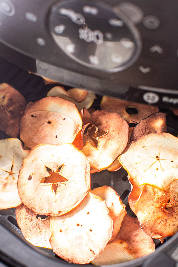 Air Fried apple chips in Air Fryer basket