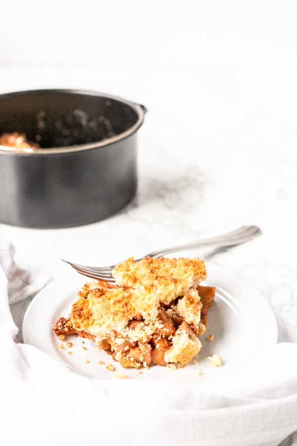 Air Fryer apple crumble on a white plate