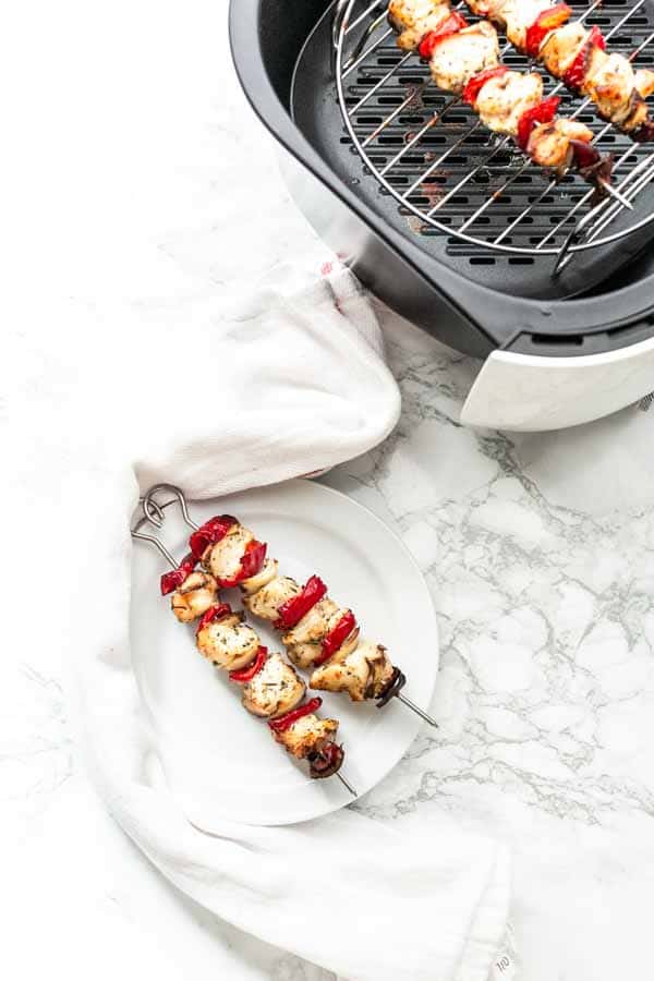 Marinade your chicken with a delicious seasoning and grill the kabobs. Marinade the chicken first. Air Fryer chicken kabobs are a great dinner option that you can put on the table fast.