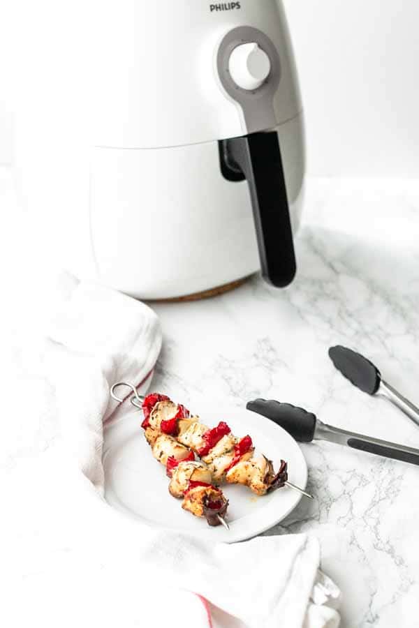 Marinade your chicken with a delicious seasoning and grill the kabobs. Marinade the chicken first. Air Fryer chicken kabobs are a great dinner option that you can put on the table fast.