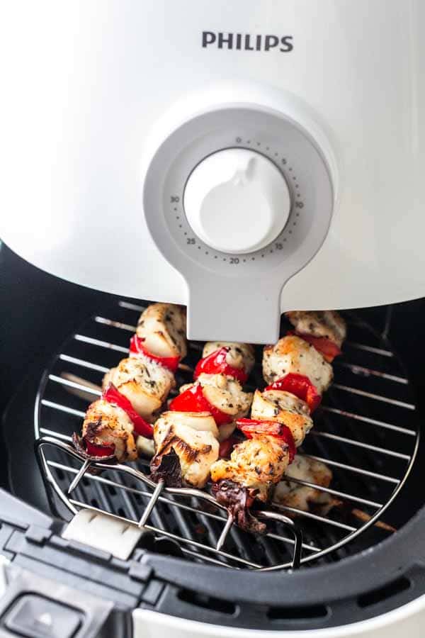 Marinade your chicken with a delicious seasoning and grill the kabobs. Marinade the chicken first. Air Fryer chicken kabobs are a great dinner option that you can put on the table fast.