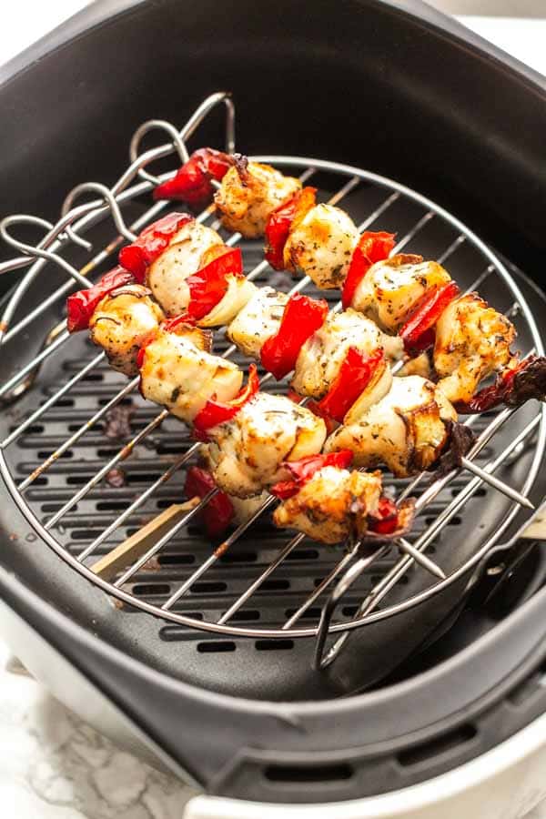 Marinade your chicken with a delicious seasoning and grill the kabobs. Marinade the chicken first. Air Fryer chicken kabobs are a great dinner option that you can put on the table fast.