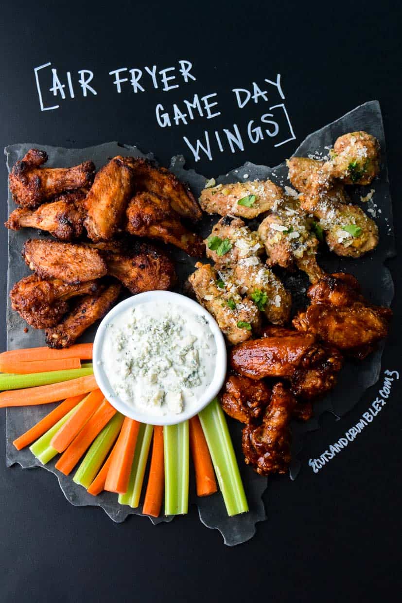 Air Fryer Game Day Wings on Ohio shaped platter with title written on chalkboard