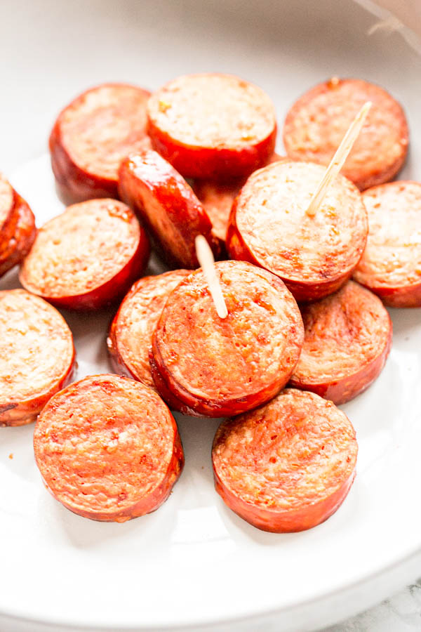 Smoked sausage made in an Air Fryer served in a white bowl
