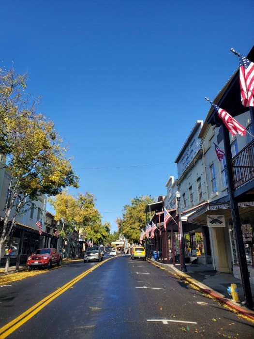 looking down the street on a sunny day in Angel Camp California 