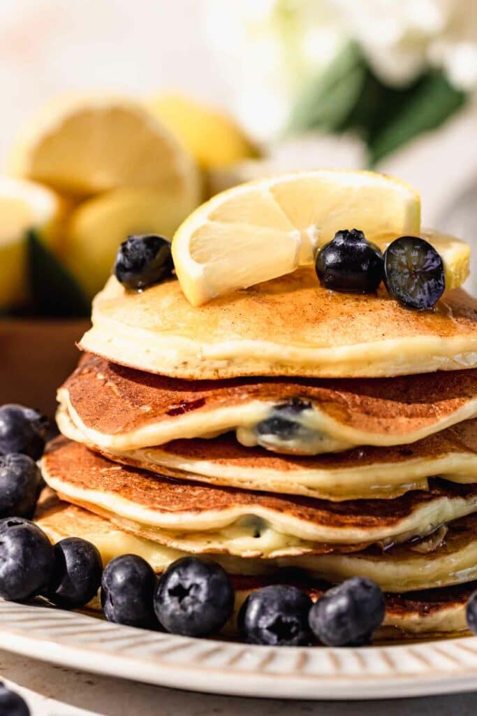 closeup of blueberry lemon pancake stack