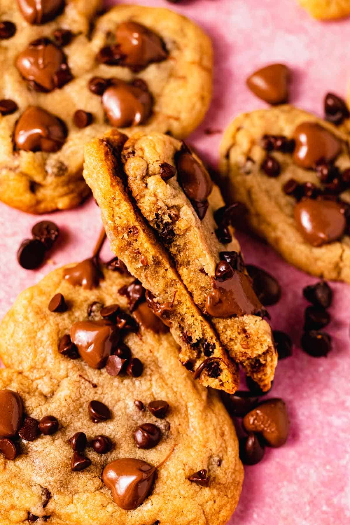 chocolate chip cookie broken in half to show texture