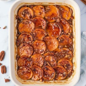 candied sweet potatoes in a baking dish
