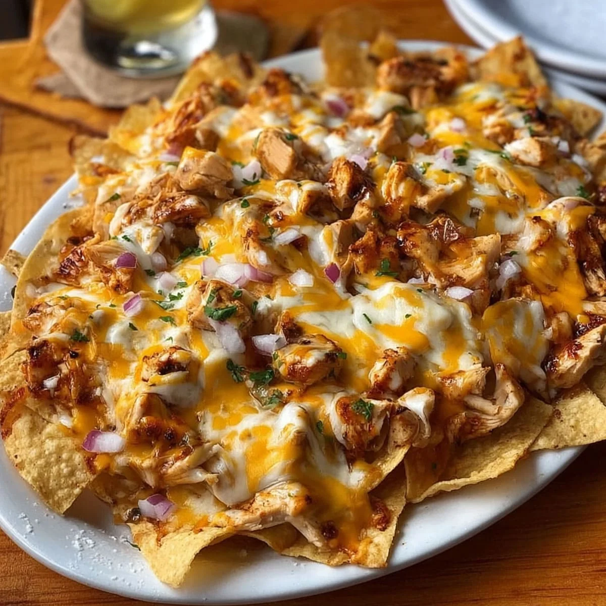 Plate of easy Chicken Nachos served for sharing with pico de gallo and avocado topping.