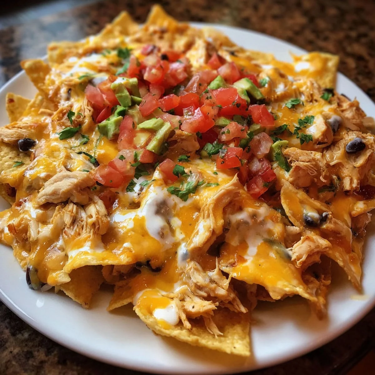 Close-up of cheesy Chicken Nachos with melted Monterey Jack, black beans, and tender shredded chicken.