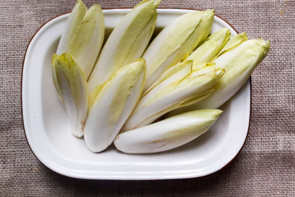 Studded with dried cranberries and pepitas & covered in a beautiful, tangy sauce, these endive spears with celery root remoulade are a great GF appetizer. Gluten-free, paleo, vegan option.