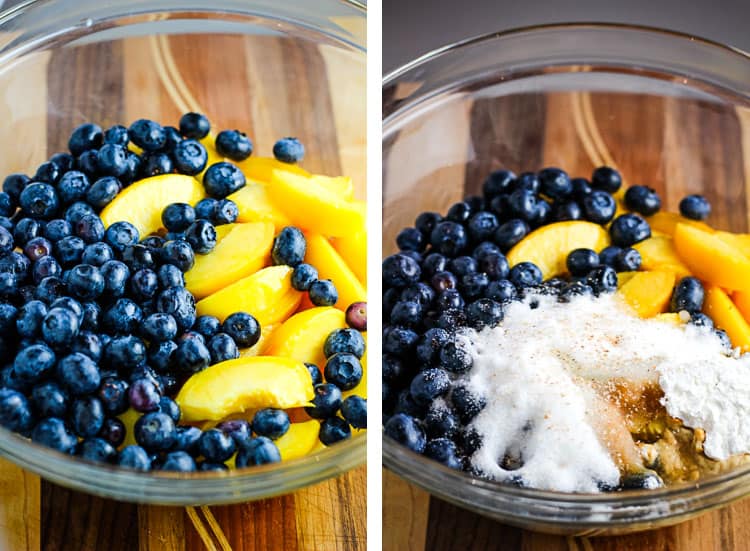 sliced peaches and blueberries in a bowl and with sugar and cornstarch added