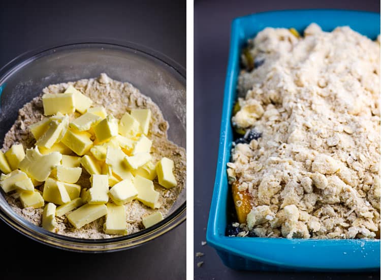 Ingredients for crumble topping in a bowl and crumble on top of peaches and blueberries in a baking dish