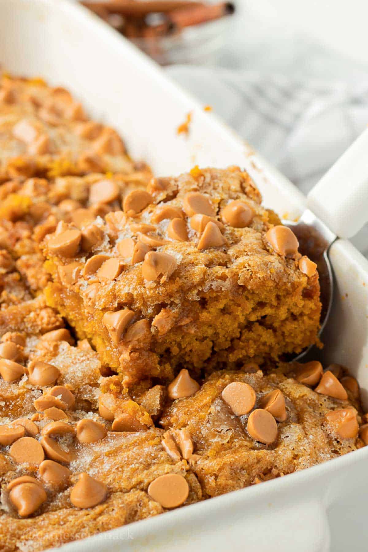 Baked slice of butterscotch pumpkin cake on spatula.