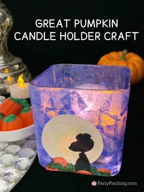 Great Pumpkin Candle Holder Craft, stained glass tissue paper Mod Podge candle holder, Dollar tree glass candle holder, easy fun Candle holder Halloween DIY craft ideas for kids, Charles Schulz Museum Halloween Great Pumpkin workshops with Norene Cox