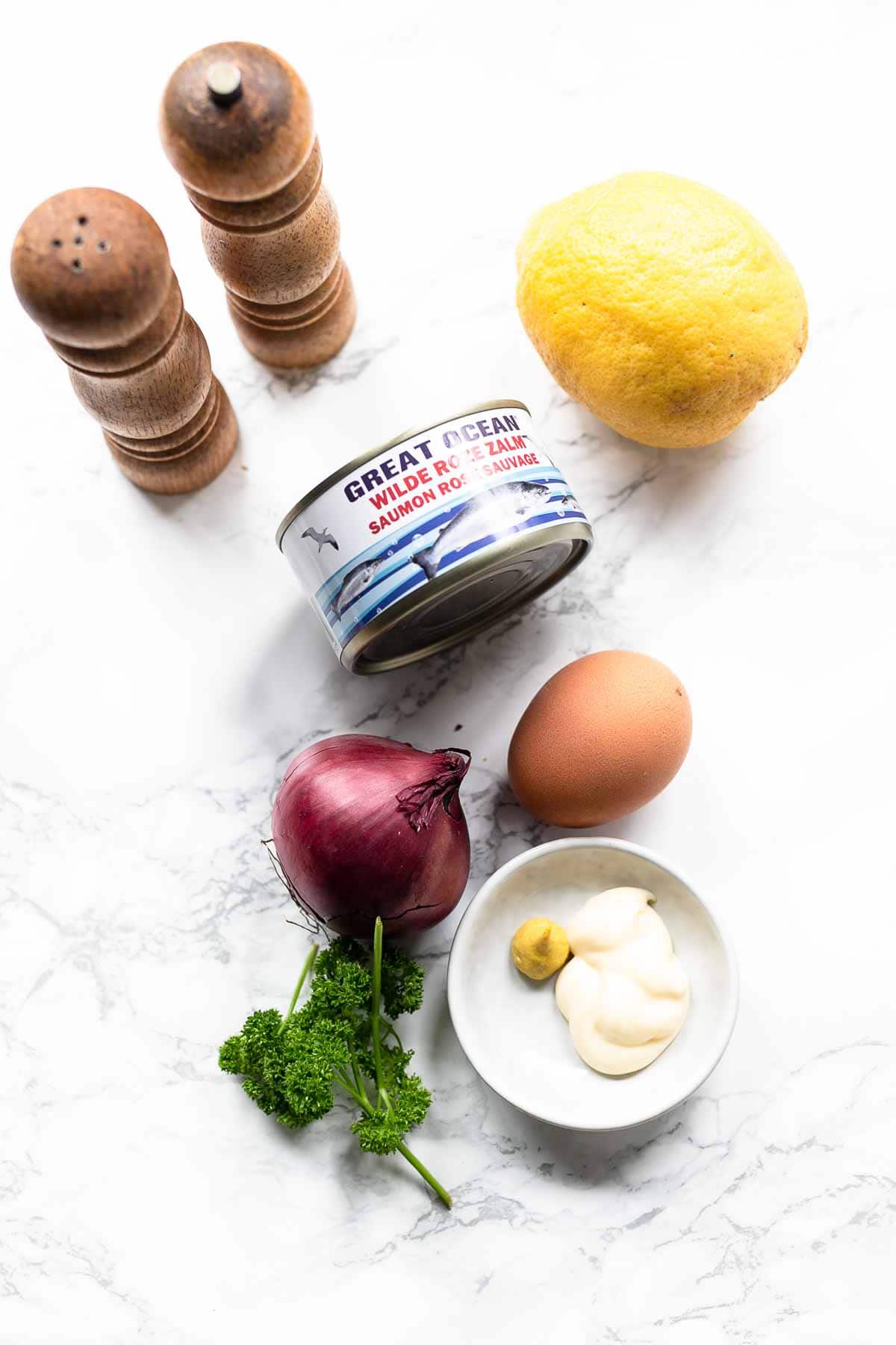 Ingredients for maing a salmon salad with canned salmon.