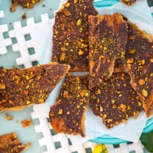 Gluten Free Caramel Matzo Brittle on a plate