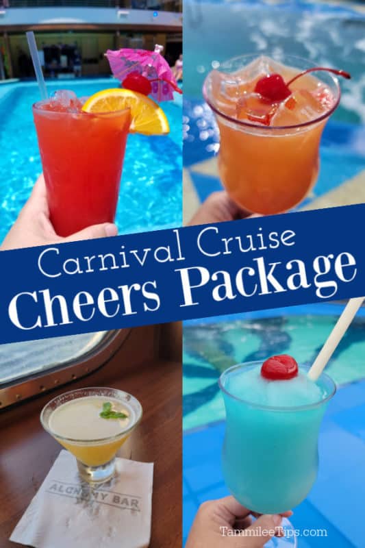 Carnival Cruise cheer package text in between a collage of four cocktails