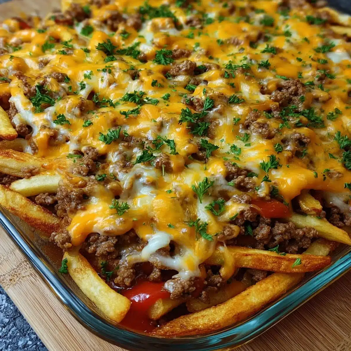 Cheesy hamburger french fry oven bake with ground beef, ketchup, and parsley garnish