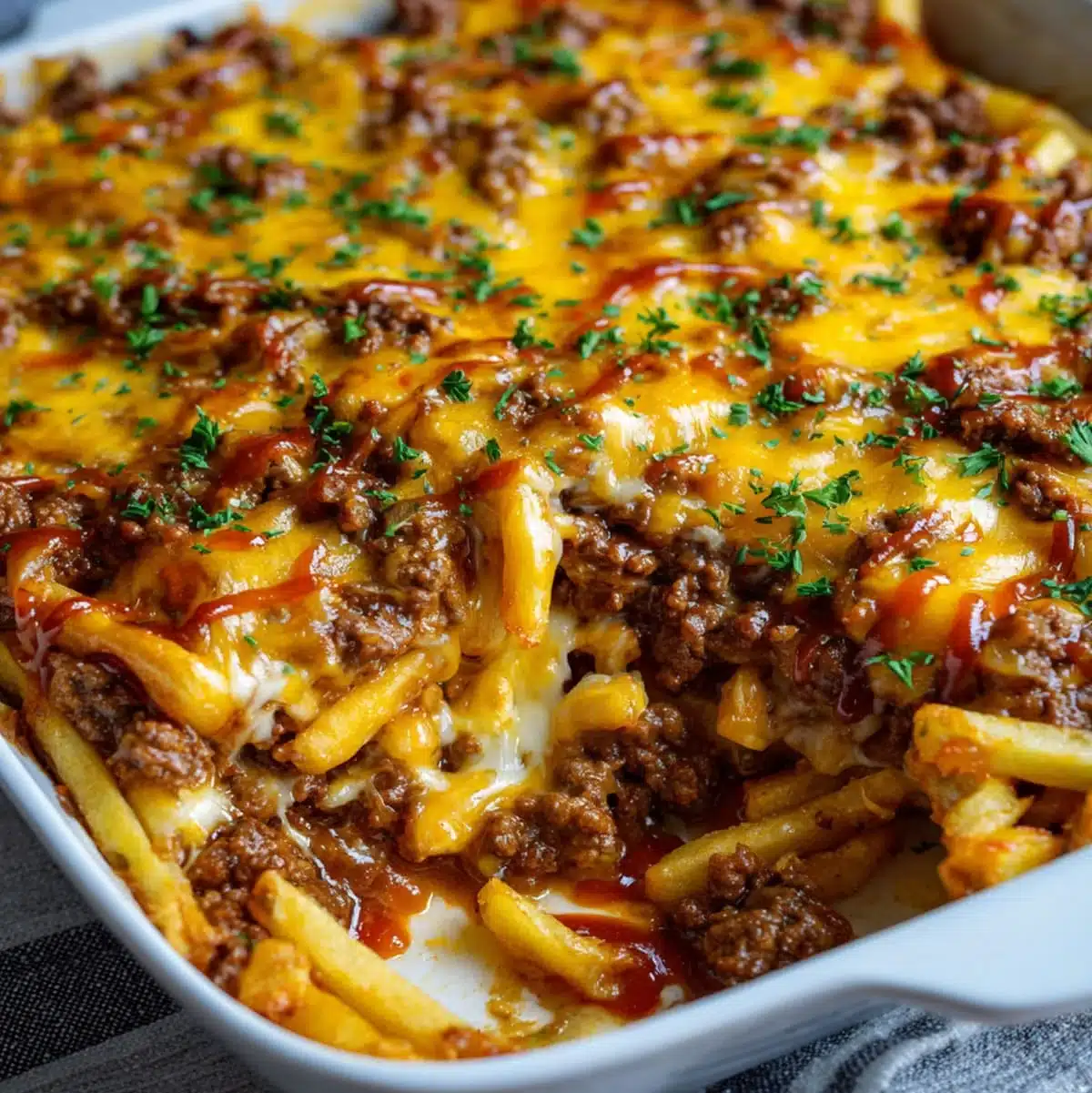Loaded cheeseburger and fries casserole with cheddar cheese and ketchup drizzle