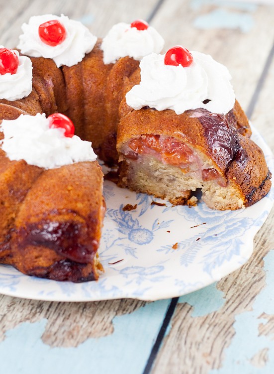 Cherry Marble Cake Recipe - Simple and quick prep, this pretty and sweet Cherry Marble Cake recipe tastes like pound cake with a fresh swirl of tangy cherries. Top with whipped cream & cherry.