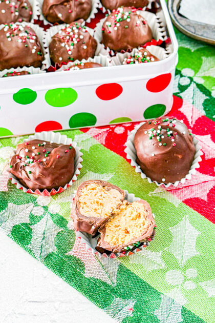 inside of chocolate covered peanut butter rice krispie balls
