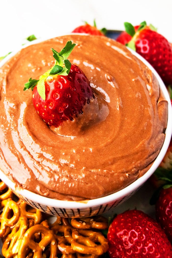 Homemade Chocolate Dip with Chocolate Chips and Cool Whip in White Bowl
