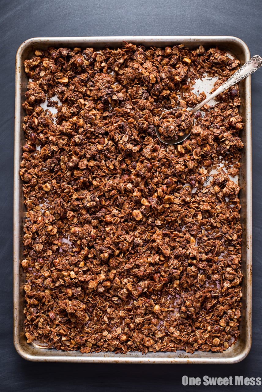 Chocolate Hazelnut Granola with Mini Chocolate Chips and a crunchy Turbinado Sugar Coating