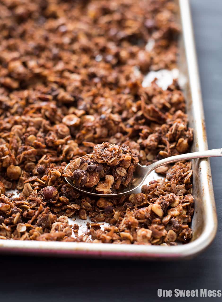 Chocolate Hazelnut Granola with Mini Chocolate Chips and a crunchy Turbinado Sugar Coating