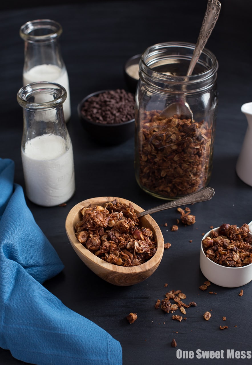 Chocolate Hazelnut Granola with Mini Chocolate Chips and a crunchy Turbinado Sugar Coating