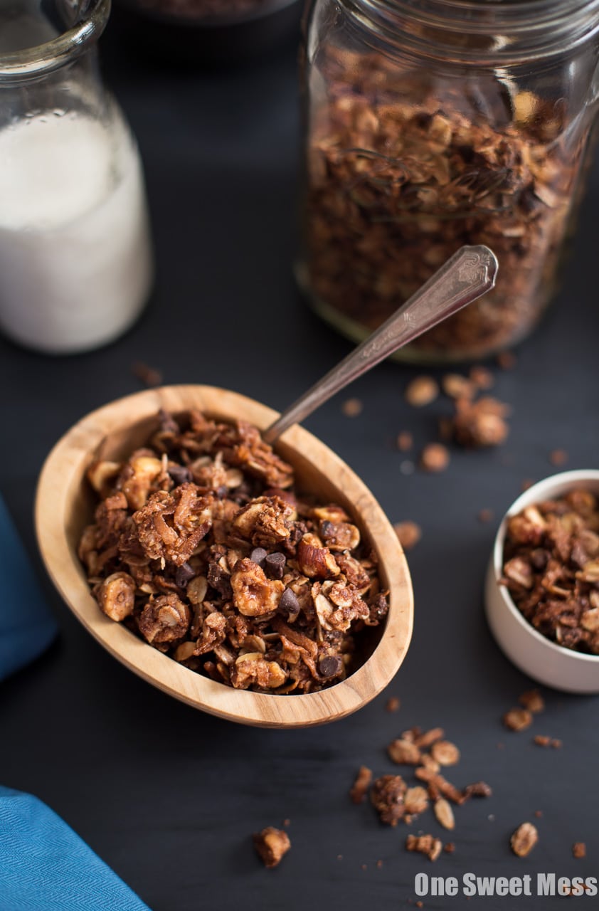 Chocolate Hazelnut Granola with Mini Chocolate Chips and a crunchy Turbinado Sugar Coating