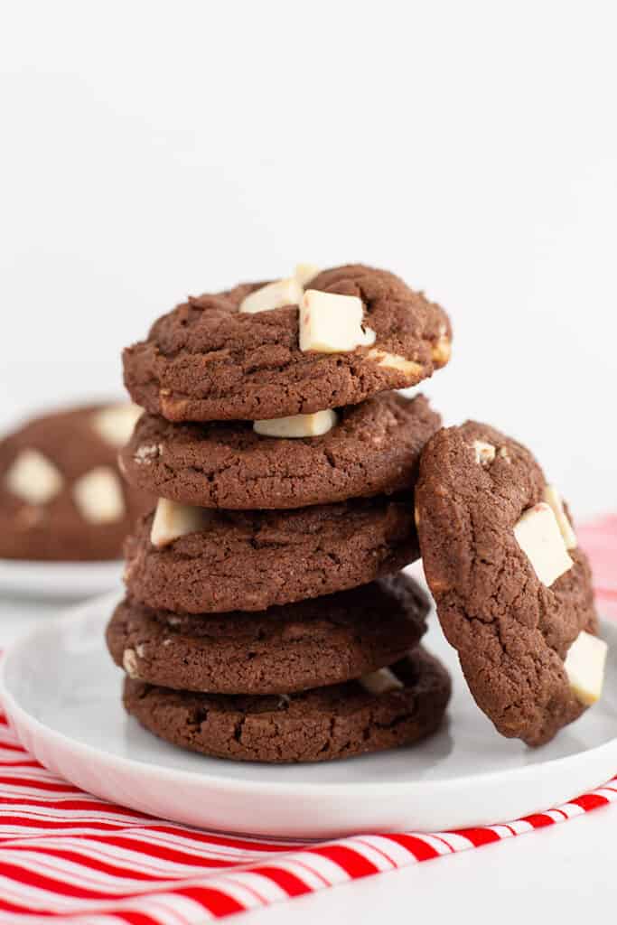 stack of cookies on a white dessert plate on a red and white striped fabric
