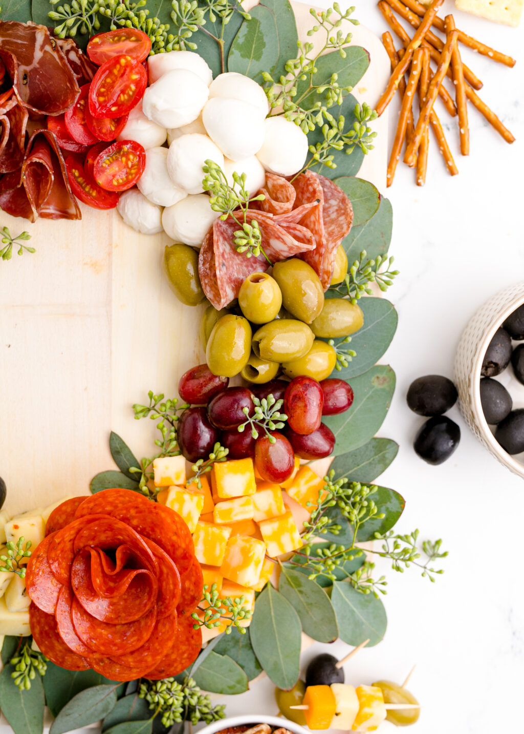 side view of christmas wreath charcuterie board