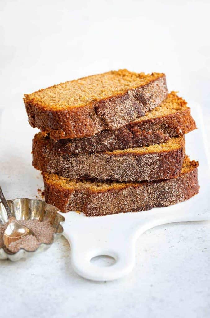 stack of sliced cinnamon apple bread