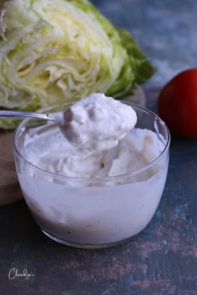 close up of chunky blue cheese dressing recipe 