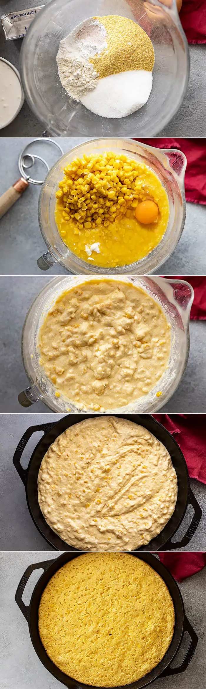 overhead process shot collage: five pictures showing how to make corn bread casserole