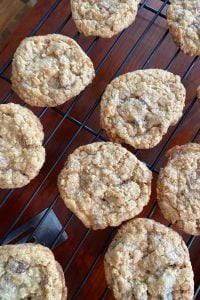 Cowboy Cookies with Toffee Bits contain oats, chocolate chips, and Heath toffee pieces for the perfect cookie (no coconut).