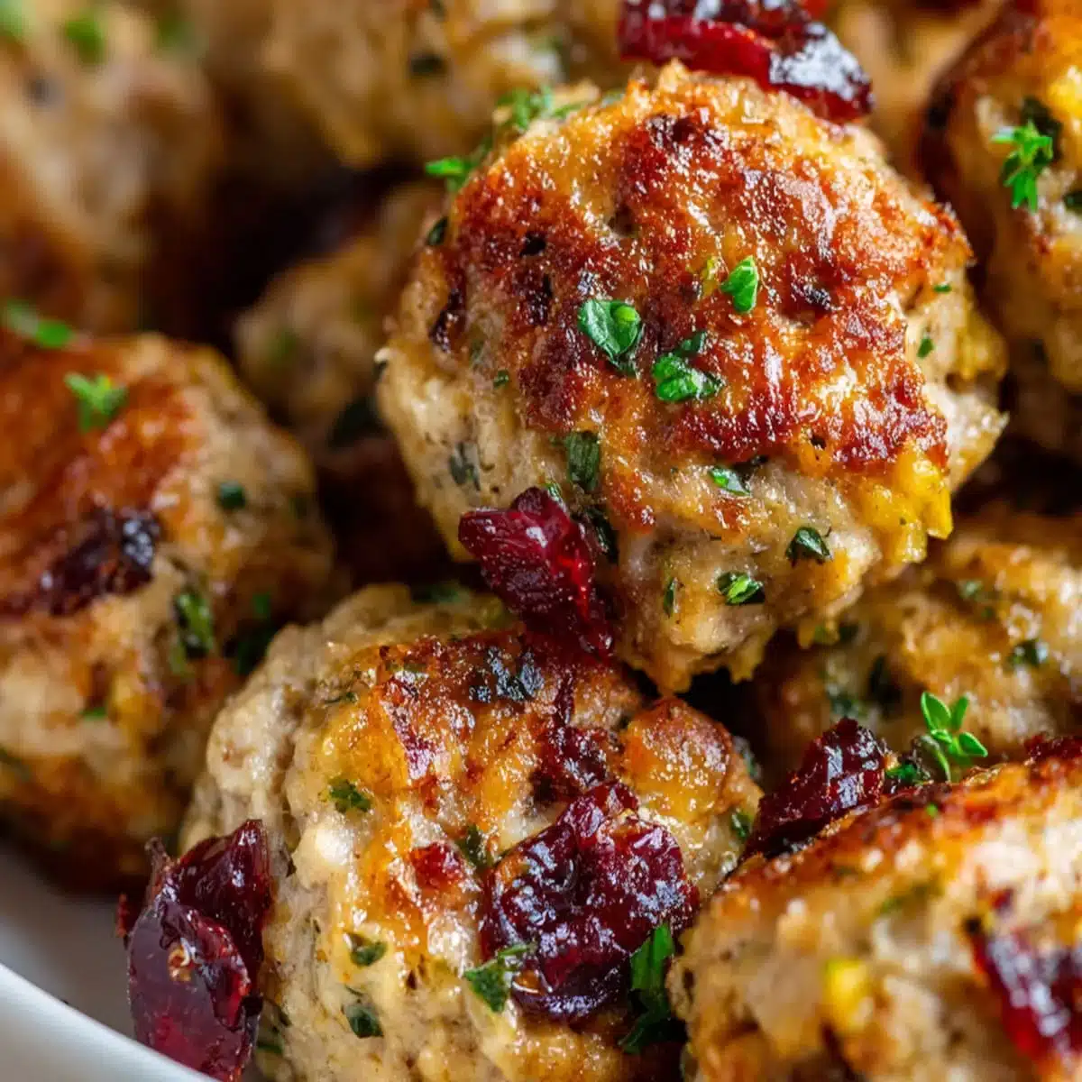 Baked turkey stuffing bites with cranberries and fresh parsley garnish
