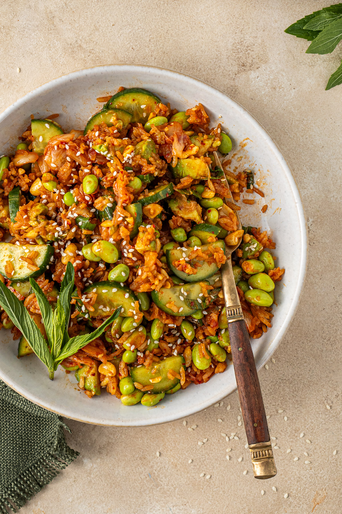 Close up of a fork in the crispy rice salad.
