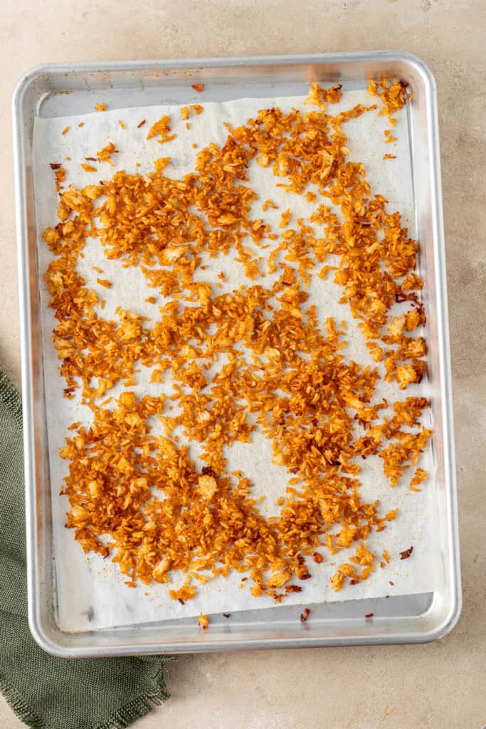 The crispy rice on a baking tray.
