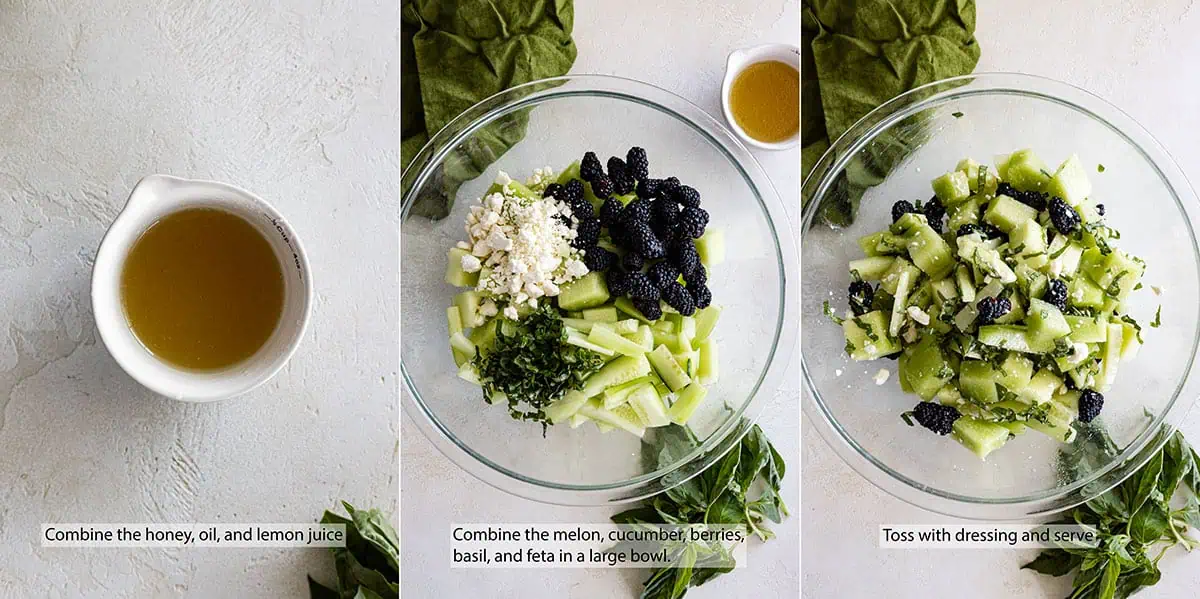 Three pictures showing how to make the salad. 