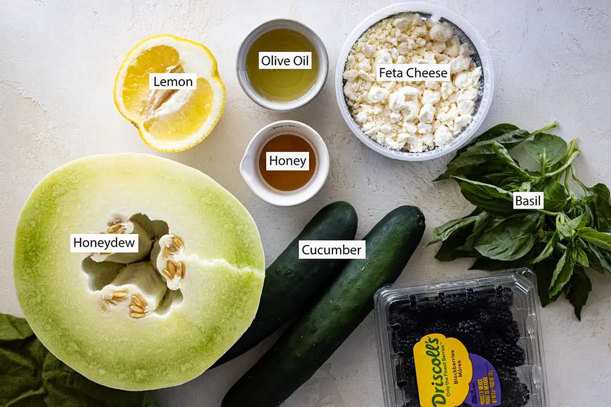 Ingredients: honeydew, cucumbers, lemon, honey, olive oil, feta cheese, basil, and blackberries. 