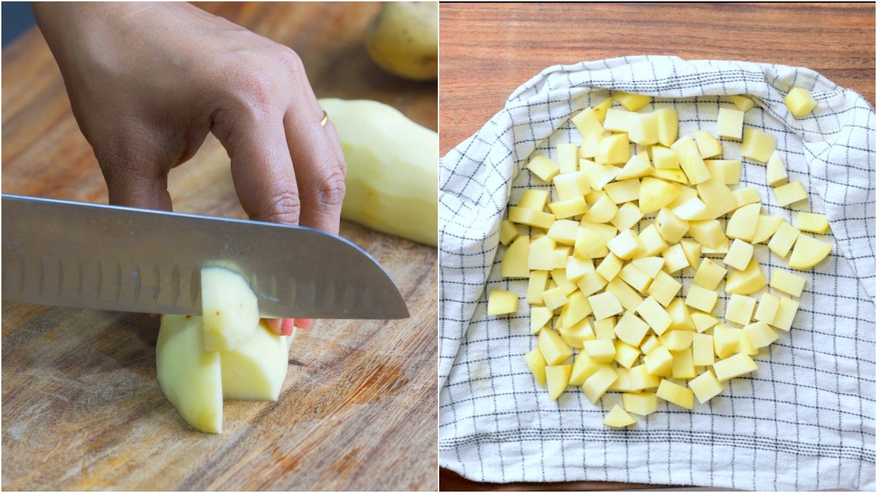 How to make image - Cut peeled potatoes into 1 inch cubes to make skillet breakfast potatoes