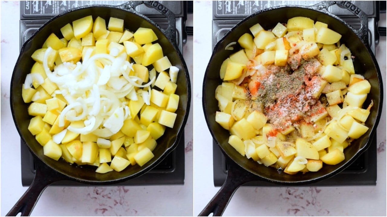 How to make image - Cooking potato cubes to make fried potatoes or home fries.