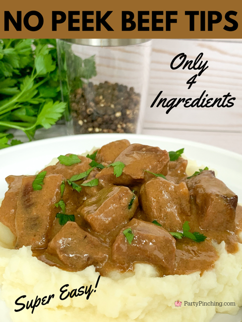 No peek beef tips, best easy no peek beef tips, 4 ingredient recipe meal beef tips, easy no prep meals, dump and go meals, easy comfort food beef tips, easy family kid friendly meals, 5 minute prep meals